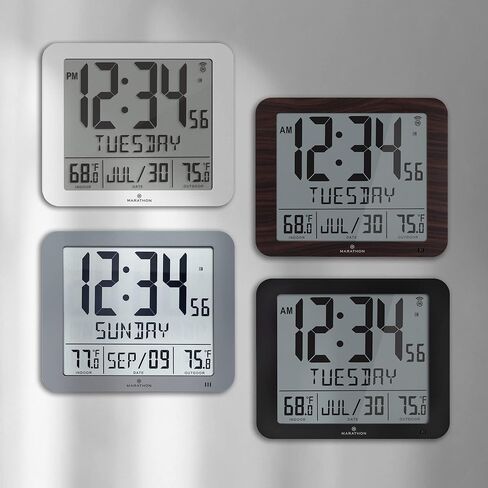 ساعة حائط ذرية رفيعة من MARATHON، باللون الأسود - عرض تقويم كامل كبير مقاس 10 بوصة مع درجة حرارة داخلية/خارجية. صباحًا/مساءًا أو تنسيق 24 ساعة، 7 مناطق زمنية - أربع بطاريات AA متضمنة in Kuwait