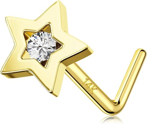 MeIighting Gold Nose Stud L Shaped, 20G Nose Rings, 14K Solid Gold Nose Piercing Jewelry for Women Clear CZ, Real Gold Heart Nose Screw, Star Nostril Piercing for Women in Saudi Arabia