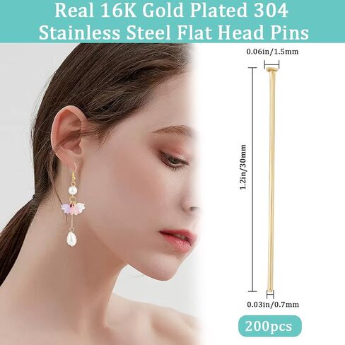Beebeecraft 1 Box 200Pcs 50mm Flat Headpins 16K Gold Plated Stainless Steel Flat Head Jewelry Making Pins 21 Gauge Bendable Wire Pin for Jewellery Earring DIY Craft Head 1.5mm in Saudi Arabia