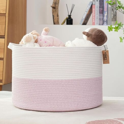 COMFY-HOMI سلة تخزين بطانية كبيرة جدًا جديدة مقاس 21 بوصة × 21 بوصة × 13.6 بوصة|منظمات الألعاب والتخزين|سلة دائرية منسوجة من حبل القطن للبطانية|سلة أطفال لحديثي الولادة-أبيض/وردي in Kuwait