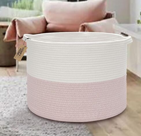 COMFY-HOMI سلة تخزين بطانية كبيرة جدًا جديدة مقاس 21 بوصة × 21 بوصة × 13.6 بوصة|منظمات الألعاب والتخزين|سلة دائرية منسوجة من حبل القطن للبطانية|سلة أطفال لحديثي الولادة-أبيض/وردي in Kuwait