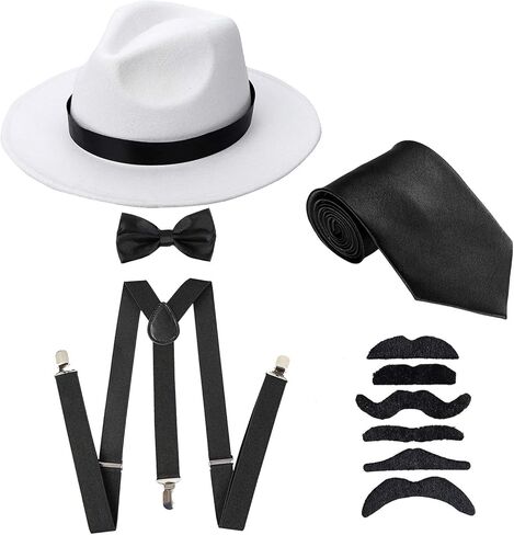 مجموعة قبعة مانهاتن فيدورا من عشرينيات القرن العشرين للرجال، وحمالات على شكل حرف Y وربطة عنق مربوطة مسبقًا، وربطة عنق العصابات وشارب مزيف (مقاس واحد، قبعة بيضاء وحمالات سوداء 1) in Kuwait