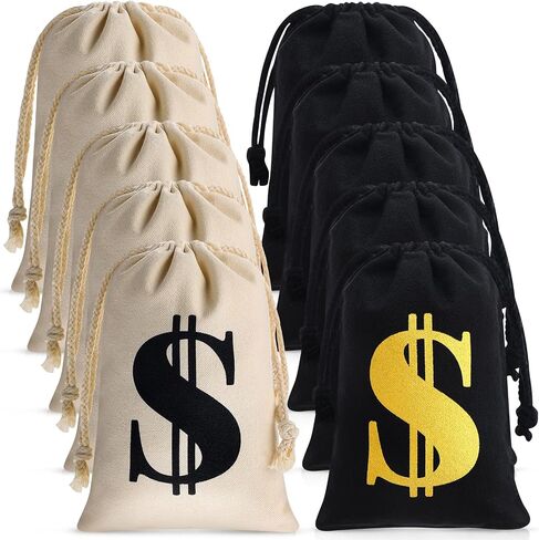 Shihanee 24 Pcs 9 x 6.3 Inches Canvas Money Bag with Drawstring Closure Costume Money Bag Pouch Dollar Sign Carrying Sack Prop for Toy Party favor Bank Robber Pirate Cowboy Cosplay Theme Party in Saudi Arabia