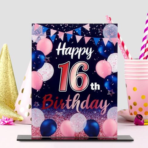 قطعة مركزية لملصق طاولة أكريليك بالون عيد ميلاد سعيد السادس عشر باللون الأزرق الداكن والوردي من LINGTEER - عبوتان من أغطية طاولة عيد الميلاد، زينة لحفلات عيد الميلاد بعمر ستة عشر عامًا. in Saudi Arabia
