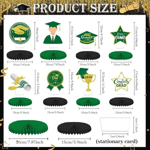 8 قطع من القطع المركزية للتخرج باللونين الأخضر والذهبي 2024 ديكورات طاولات حفلات التخرج باللون الأخضر فئة 2024، قطعة علوية للطاولة على شكل قرص العسل باللون الأخضر لمستلزمات حفلات التخرج in Kuwait