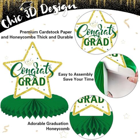 8 قطع من القطع المركزية للتخرج باللونين الأخضر والذهبي 2024 ديكورات طاولات حفلات التخرج باللون الأخضر فئة 2024، قطعة علوية للطاولة على شكل قرص العسل باللون الأخضر لمستلزمات حفلات التخرج in Kuwait