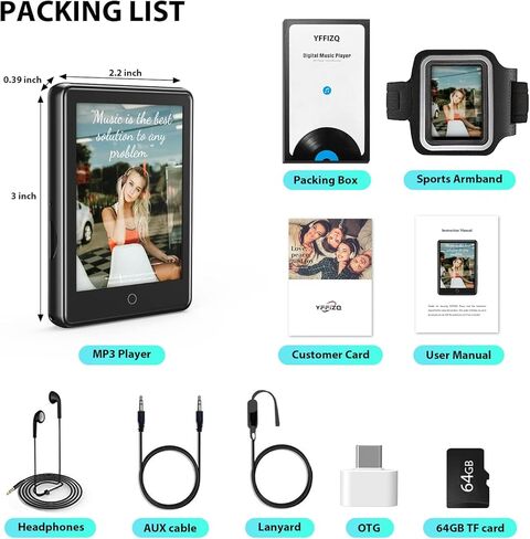 16GB MP3 Player with Bluetooth 5.1,2.8'' Full Touch Screen Music Player with Speaker,Portable HiFi Lossless Sound MP4 Music Player with FM,Radio,Recorder, E-Book,Pedometer,Armband,Support up to 128GB in Kuwait