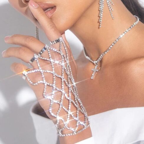 ACEDRE حجر الراين سوار خاتم الفضة سباركلي كريستال فنجر سلسلة أساور حفلة موسيقية اليد تسخير الإسورة للنساء in Kuwait