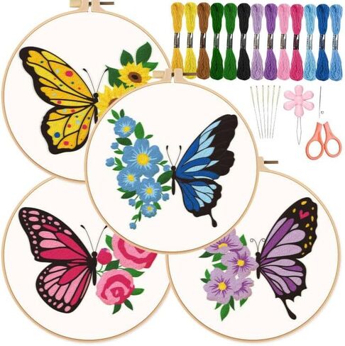ORIGACH 4 Pack Flowers and Plants Embroidery Kits for Beginners, DIY Starter Hand Embroidery Kit with Floral and Plants Patterns and Instructions for Adults Women Crafting in Kuwait