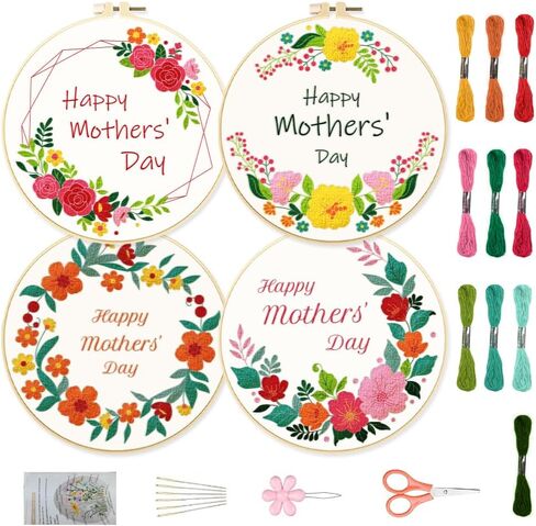 ORIGACH 4 Pack Flowers and Plants Embroidery Kits for Beginners, DIY Starter Hand Embroidery Kit with Floral and Plants Patterns and Instructions for Adults Women Crafting in Kuwait