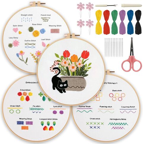 ZIFTY 4 مجموعة طقم تطريز للمبتدئين، مجموعات إبرة للبالغين، مجموعات غرز متقاطعة مع أطواق تطريز قطة سوداء لطيفة للبالغين والنساء، هدية DIY تتضمن طوقًا وخيوطًا ولوازم in Kuwait