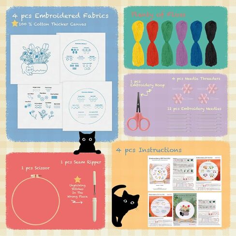 ZIFTY 4 مجموعة طقم تطريز للمبتدئين، مجموعات إبرة للبالغين، مجموعات غرز متقاطعة مع أطواق تطريز قطة سوداء لطيفة للبالغين والنساء، هدية DIY تتضمن طوقًا وخيوطًا ولوازم in Kuwait