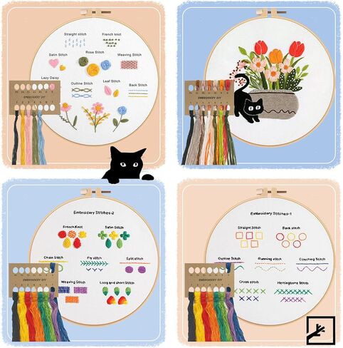 ZIFTY 4 مجموعة طقم تطريز للمبتدئين، مجموعات إبرة للبالغين، مجموعات غرز متقاطعة مع أطواق تطريز قطة سوداء لطيفة للبالغين والنساء، هدية DIY تتضمن طوقًا وخيوطًا ولوازم in Kuwait