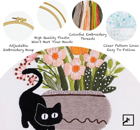 ZIFTY 4 مجموعة طقم تطريز للمبتدئين، مجموعات إبرة للبالغين، مجموعات غرز متقاطعة مع أطواق تطريز قطة سوداء لطيفة للبالغين والنساء، هدية DIY تتضمن طوقًا وخيوطًا ولوازم in Kuwait