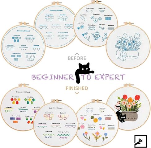 ZIFTY 4 مجموعة طقم تطريز للمبتدئين، مجموعات إبرة للبالغين، مجموعات غرز متقاطعة مع أطواق تطريز قطة سوداء لطيفة للبالغين والنساء، هدية DIY تتضمن طوقًا وخيوطًا ولوازم in Kuwait