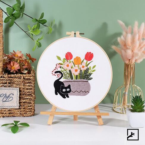 ZIFTY 4 مجموعة طقم تطريز للمبتدئين، مجموعات إبرة للبالغين، مجموعات غرز متقاطعة مع أطواق تطريز قطة سوداء لطيفة للبالغين والنساء، هدية DIY تتضمن طوقًا وخيوطًا ولوازم in Kuwait