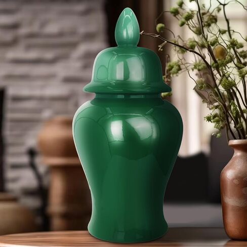 Ceramic Ginger Jar with Lid Decorative Jar 20" Solid Color Decorative Temple Jar Vase for Home Decoration Large Size for Home Office Table Living Room Bedroom Blackish Green in Kuwait