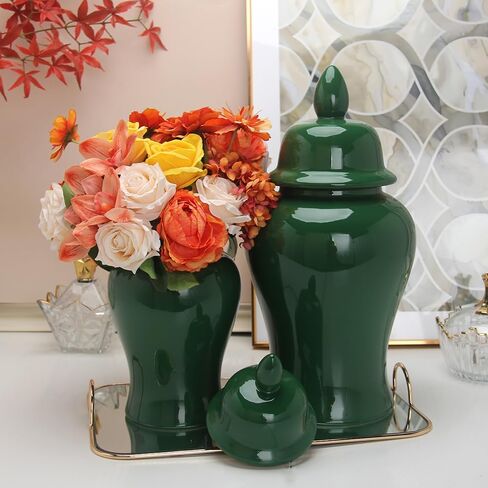 Ceramic Ginger Jar with Lid Decorative Jar 20" Solid Color Decorative Temple Jar Vase for Home Decoration Large Size for Home Office Table Living Room Bedroom Blackish Green in Kuwait