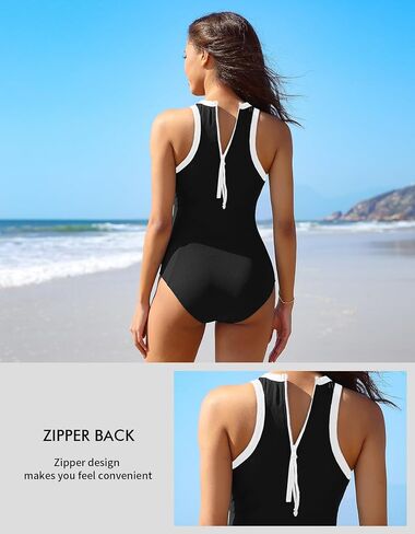 Charmo Women One Piece Swimsuit Zipper Back Ribbed Swimwear Sporty Racerback High Neck Bathing Suit in Saudi Arabia