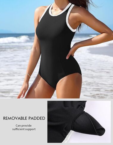 Charmo Women One Piece Swimsuit Zipper Back Ribbed Swimwear Sporty Racerback High Neck Bathing Suit in Saudi Arabia