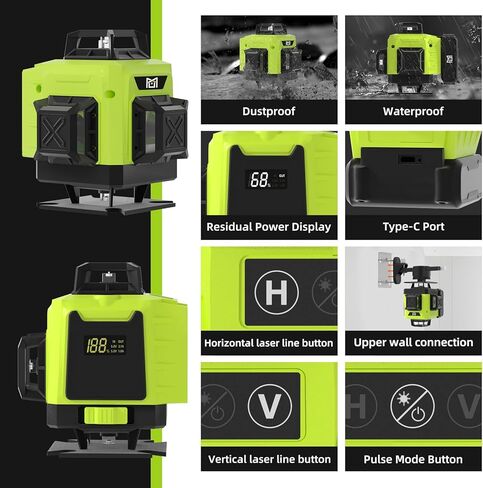 مستوى ليزر 16 خط مطور، مستوى ليزر 360 ذاتي التسوية للبناء أو تعليق الصور مع حامل مغناطيسي، مستوى ليزر 360 مع بطارية قابلة للشحن 10 أمبير، جهاز تحكم عن بعد in Kuwait