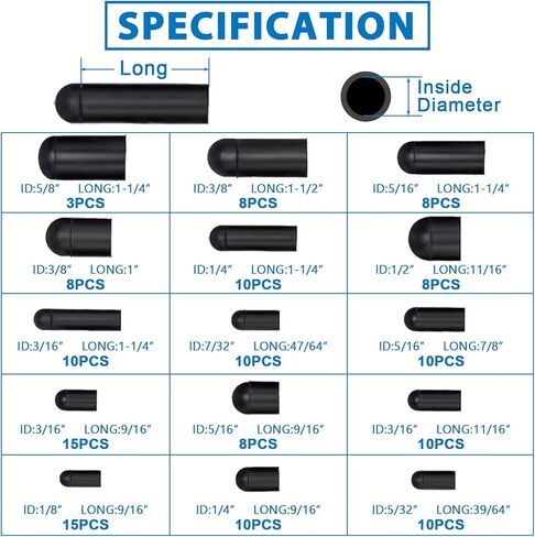 143 قطعة من أغطية المكنسة المطاطية المتنوعة، 15 مقاسًا من أغطية المطاط، أغطية نهاية الخرطوم للمكربن، المشعب، السيارات 1/8 بوصة 1/4 بوصة 5/32 بوصة 3/16 بوصة 5/16 بوصة 7/32 بوصة 3/8 بوصة 1 /2" 5/8" in Kuwait