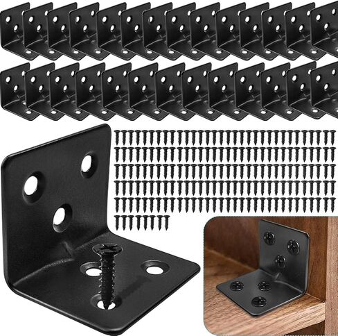 32PCS Black L Corner Brackets for Wood + 192PCS Screws, Stainless Steel Corner Braces Metal Small L Brackets for Shelves, Heavy Duty Angle Brackets for Raised Bed Table Leg Frame Cabinet in Saudi Arabia