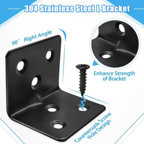 32PCS Black L Corner Brackets for Wood + 192PCS Screws, Stainless Steel Corner Braces Metal Small L Brackets for Shelves, Heavy Duty Angle Brackets for Raised Bed Table Leg Frame Cabinet in Saudi Arabia
