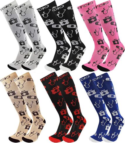 FITDIO 15-20mmHG 6-Pair Knee High Fun Circulation Compression Socks For Women, Men, Nurses, Pregnancy, Traveling & Running in Saudi Arabia