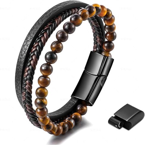 OHEDOS Mens Leather Beads Bracelet for Men Adjustable buckle Clasp Steel Wristband Braided Cuff Tiger-Eye Lava Rock Beaded Stone Bangle Confirmation Christmas Gift in Saudi Arabia