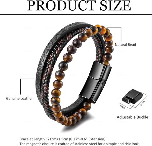 OHEDOS Mens Leather Beads Bracelet for Men Adjustable buckle Clasp Steel Wristband Braided Cuff Tiger-Eye Lava Rock Beaded Stone Bangle Confirmation Christmas Gift in Saudi Arabia
