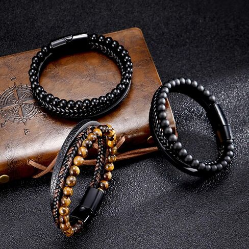 OHEDOS Mens Leather Beads Bracelet for Men Adjustable buckle Clasp Steel Wristband Braided Cuff Tiger-Eye Lava Rock Beaded Stone Bangle Confirmation Christmas Gift in Saudi Arabia