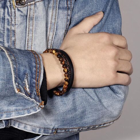 OHEDOS Mens Leather Beads Bracelet for Men Adjustable buckle Clasp Steel Wristband Braided Cuff Tiger-Eye Lava Rock Beaded Stone Bangle Confirmation Christmas Gift in Saudi Arabia