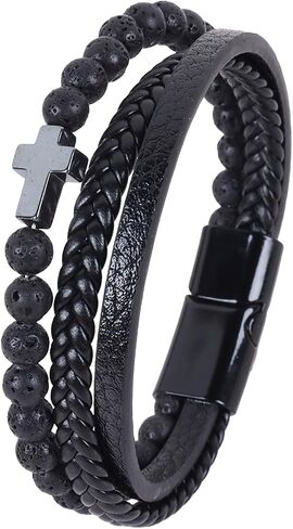 OHEDOS Mens Leather Beads Bracelet for Men Adjustable buckle Clasp Steel Wristband Braided Cuff Tiger-Eye Lava Rock Beaded Stone Bangle Confirmation Christmas Gift in Saudi Arabia
