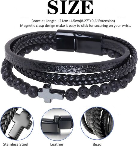 OHEDOS Mens Leather Beads Bracelet for Men Adjustable buckle Clasp Steel Wristband Braided Cuff Tiger-Eye Lava Rock Beaded Stone Bangle Confirmation Christmas Gift in Saudi Arabia