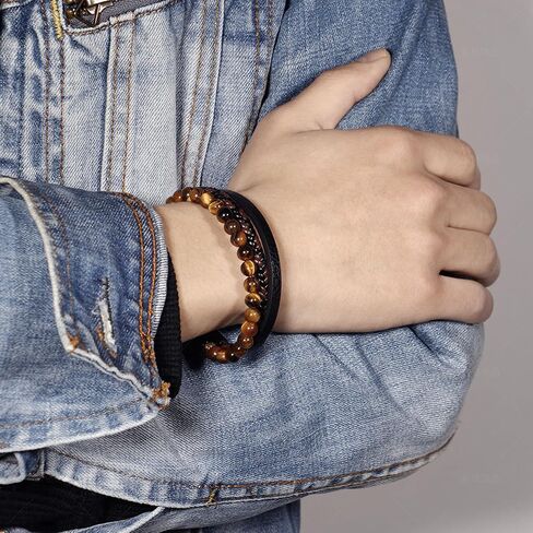 OHEDOS Mens Leather Beads Bracelet for Men Adjustable buckle Clasp Steel Wristband Braided Cuff Tiger-Eye Lava Rock Beaded Stone Bangle Confirmation Christmas Gift in Saudi Arabia