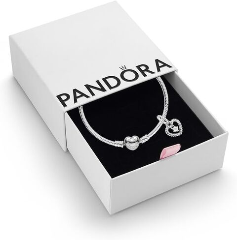 Pandora April Birthstone Dangle Charm & Bracelet Set - Women's Sterling Silver April Birthstone Dangle Charm & Heart Clasp Snake Chain Bracelet - Jewellery Set With Gift Box, Size 18 in Saudi Arabia