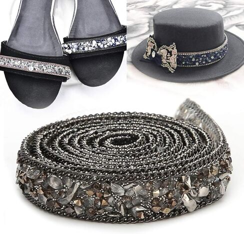 Rhinestone Ribbon, 1 Meter 1.5cm Width Hotfix Crystal Beaded Gravel Trim for Clothes Bag Shoes Wedding Party Decoration (Gray) Beaded Trim in Saudi Arabia