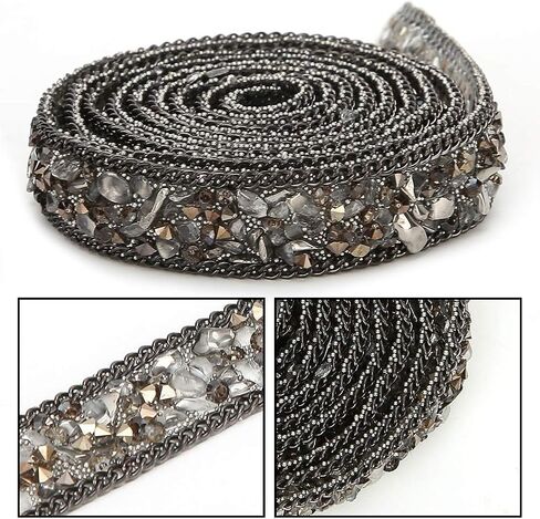 Rhinestone Ribbon, 1 Meter 1.5cm Width Hotfix Crystal Beaded Gravel Trim for Clothes Bag Shoes Wedding Party Decoration (Gray) Beaded Trim in Saudi Arabia