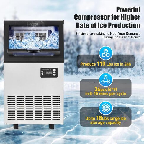 Commercial Ice Maker Machine, 110LBS/24H Commercial Ice Machine with 18LBS Ice Bin and Water Filter, Scoops Included, Under Counter Ice Maker Machine for Home, Restaurant, Coffee, Bar in Saudi Arabia