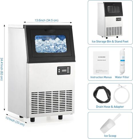 Commercial Ice Maker Machine, 110LBS/24H Commercial Ice Machine with 18LBS Ice Bin and Water Filter, Scoops Included, Under Counter Ice Maker Machine for Home, Restaurant, Coffee, Bar in Saudi Arabia