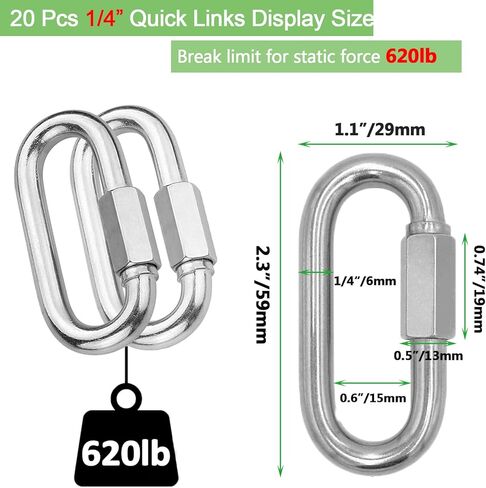 20 حزمة وصلة سريعة شديدة التحمل، وصلة سلسلة من الفولاذ المقاوم للصدأ 1/4 بوصة، حلقة قفل على شكل M6 D بسعة 600 رطل، موصل سلسلة ربط سريع لحلقة تسلق والتخييم والأرجوحة والمعدات الخارجية in Kuwait