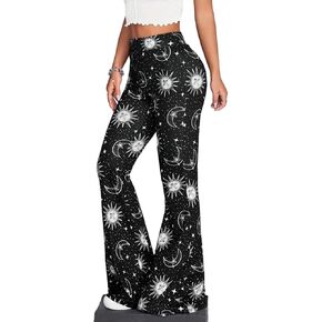 Women's Celestial Sun Moon Print Flare Pants - High Waisted Stretchy Wide Leg Bell Bottom Trousers in Saudi Arabia