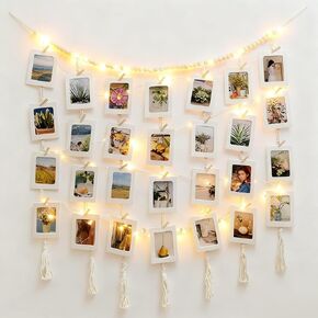 مجموعة عرض الصور المعلقة من Macrame مع 30 إطار صور من البطاقات وسلسلة أضواء مؤقت 5 أمتار - ديكور غرفة لغرفة النوم/غرفة المعيشة/غرفة الطعام - هدايا مثالية للفتيات المراهقات وعشاق الحرف اليدوية (عيد الميلاد/عيد الميلاد/المفاجأة اليومية) in Kuwait