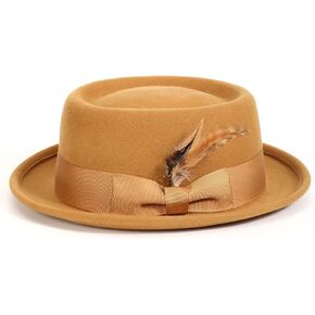 MONTIQUE Pork Pie Fedora Hats for Men - Wool-Feel Classic Fedora Hat with Grosgrain Ribbon & Feather Accent | H-88 in Kuwait