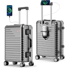 حقيبة حمل مقاس 20 بوصة مع حامل أكواب، حقيبة سفر بإطار من الألومنيوم مقاس 22x14x9 معتمدة من شركة الطيران، عجلات دوارة 360 درجة، قفل TSA للرحلات القصيرة وسفر العمل in Kuwait