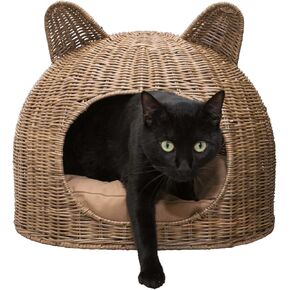 CBD1000A Cat Ear 20" x 14.5" Coastal Handwoven Rattan Cat Bed with Machine-Washable Cushion, Natural in Kuwait