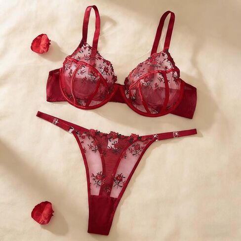 Sexy Underwire Cute Push Up Strappy Embroidered Set,Cute Exotic Bra and Panty Set,See Sexy Foral Embroidery Suit-Red in Saudi Arabia