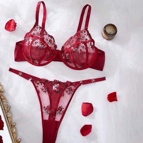 Sexy Underwire Cute Push Up Strappy Embroidered Set,Cute Exotic Bra and Panty Set,See Sexy Foral Embroidery Suit-Red in Saudi Arabia