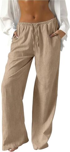 Womens Cotton Linen Wide Leg Palazzo Pants Casual Loose Drawstring Elastic Waist Summer Beach Trousers with Pockets in Saudi Arabia